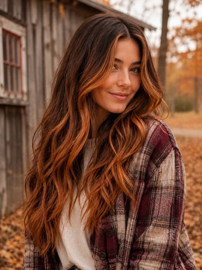 Woman with burnt orange fall balayage hair near a rustic autumn barn