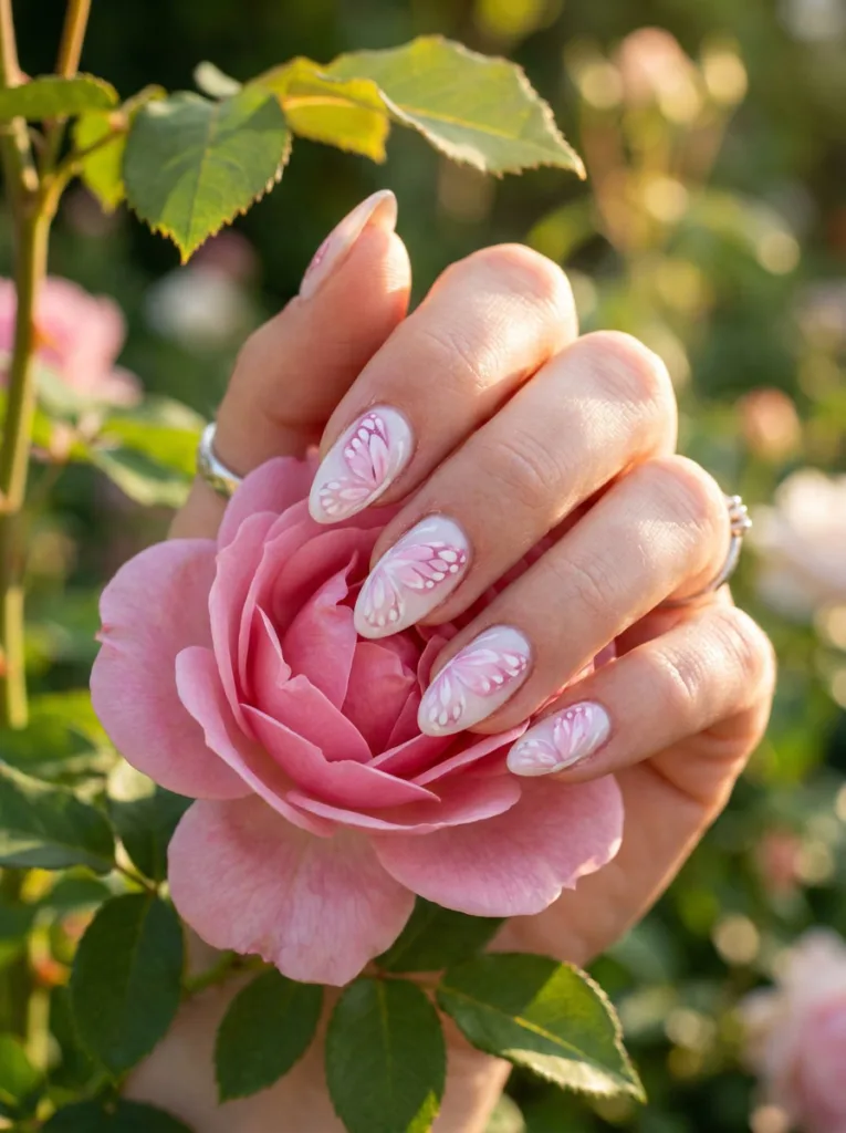 Butterfly nail art birthday nails in pastel garden setting