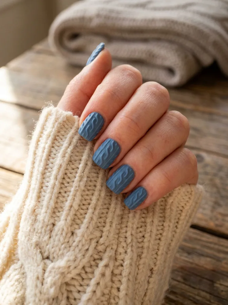 Cable-knit textured blue winter nails inspired by a sweater pattern