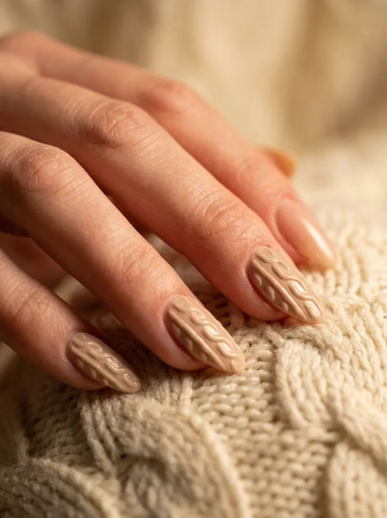Raised cable-knit textured French tips on winter nails resting against a matching cream knit sweater