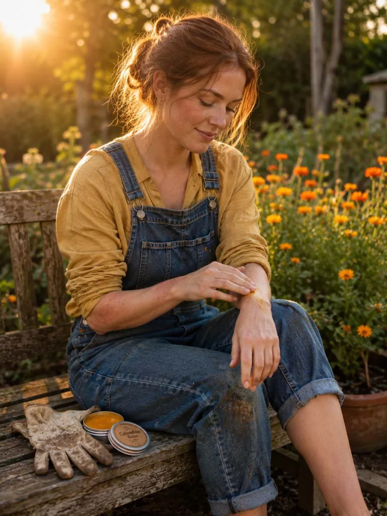 Calendula healing balm applied after gardening for dry, windburned skin