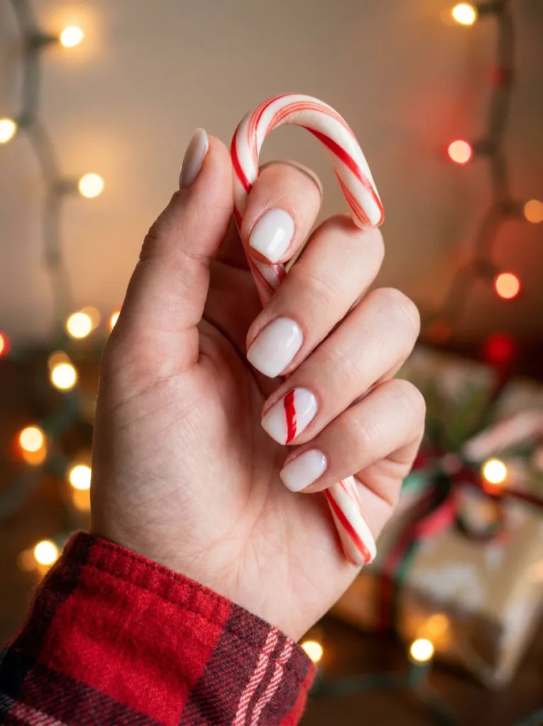 Fair-skinned hand holding a candy cane showing a red stripe accent nail on a white base