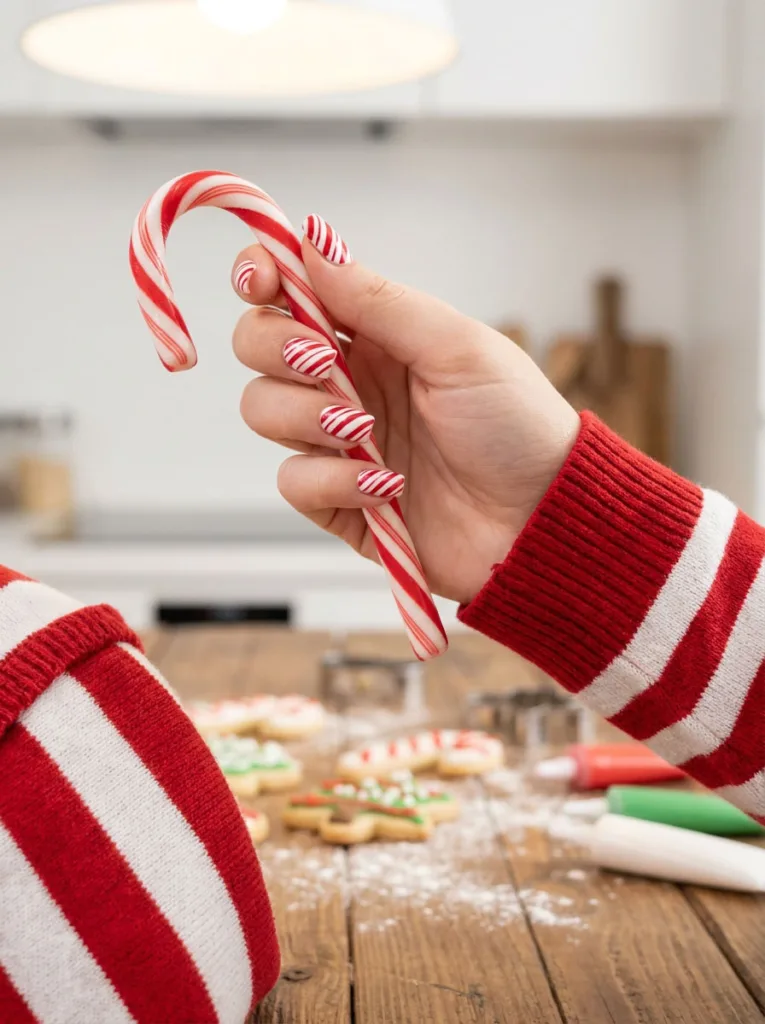 Fair-skinned hand with red and white candy cane stripe square winter nails holding a candy cane