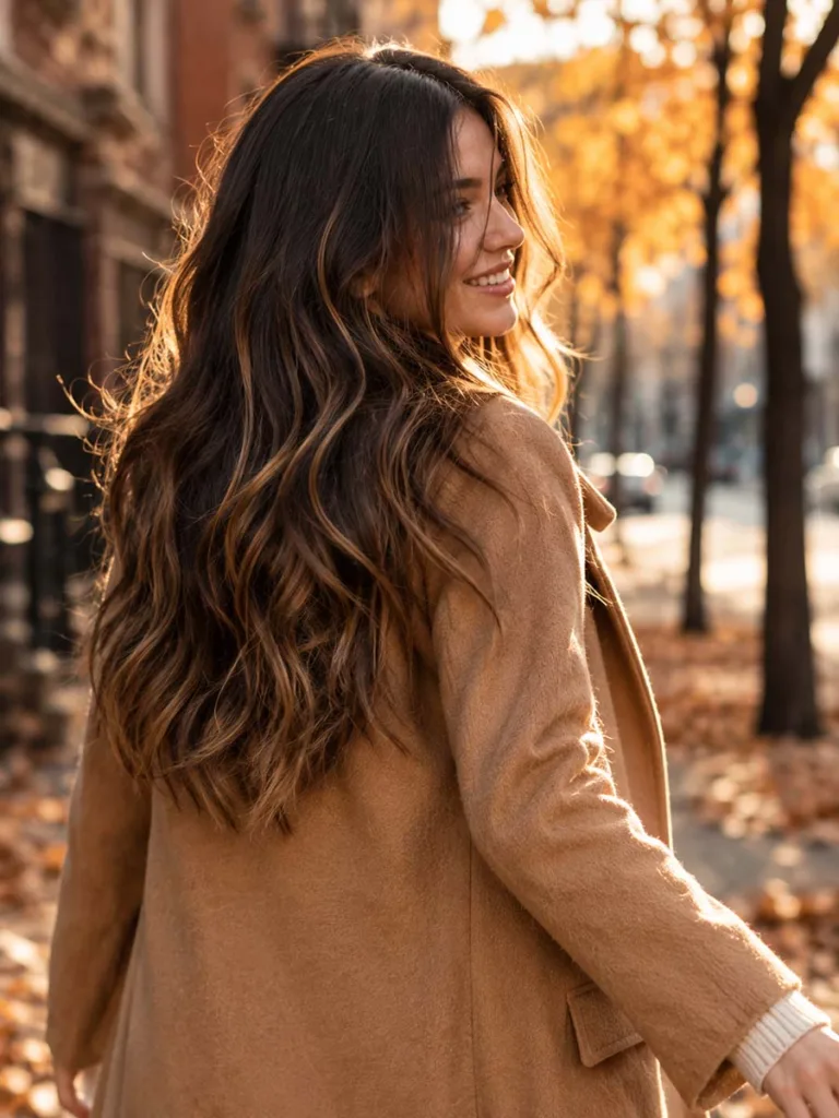 Woman with caramel balayage on dark brown hair walking outdoors in autumn light