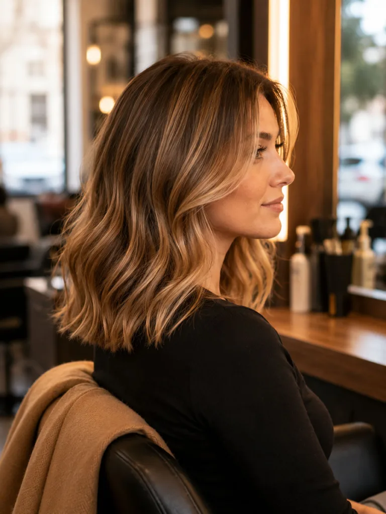 Woman with caramel blonde fall hair color balayage seated in a salon chair