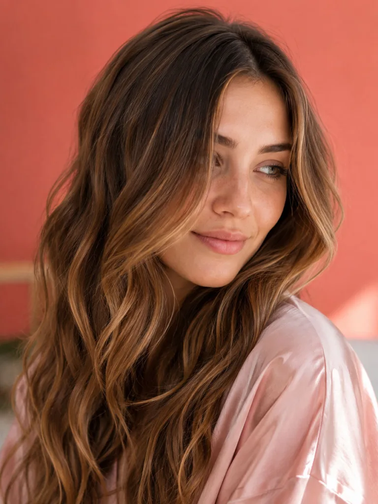 Woman with soft caramel brown balayage against a vibrant coral pink wall