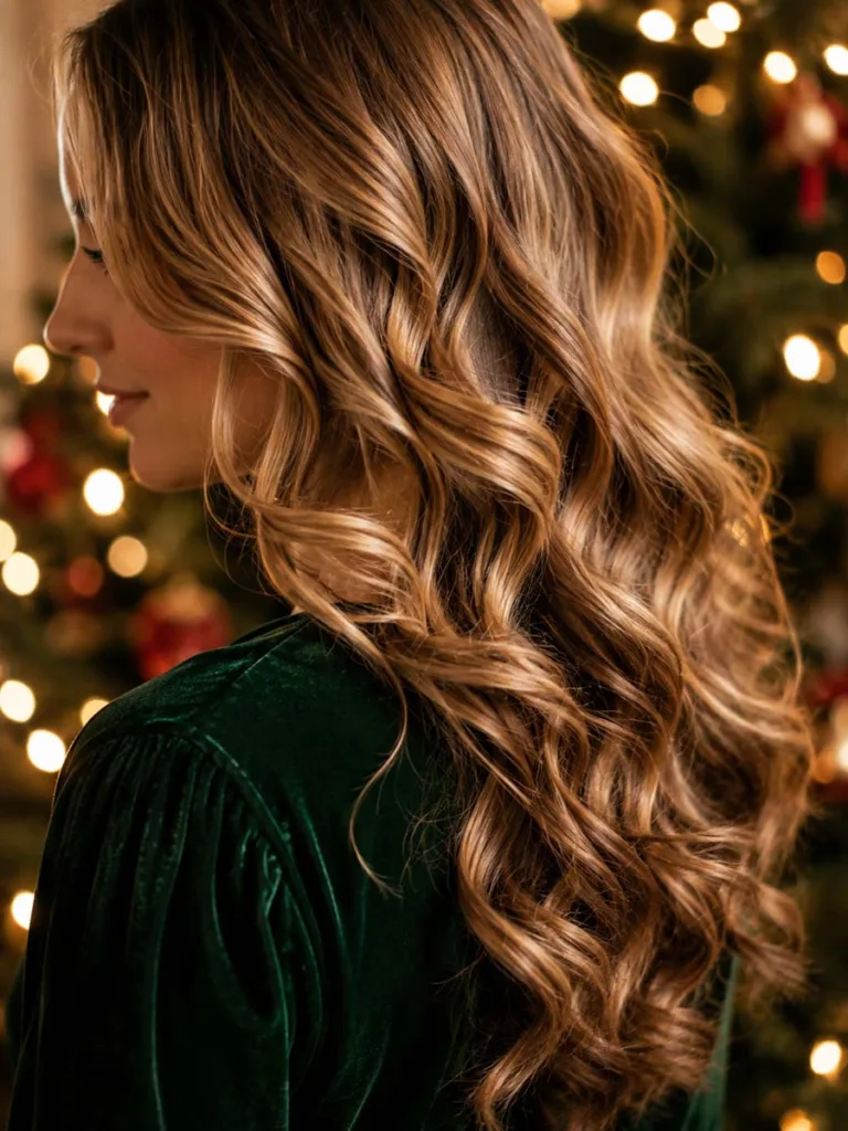 Close-up of cascading curls christmas hairstyle with warm string lights behind