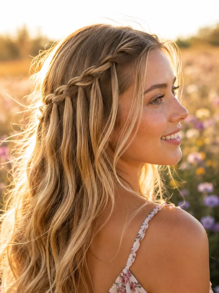 Woman with a waterfall braid summer hairstyle in a flower field