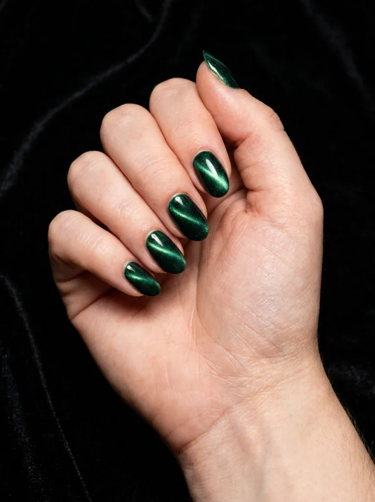Cat-eye shimmer birthday nails with magnetic metallic line design