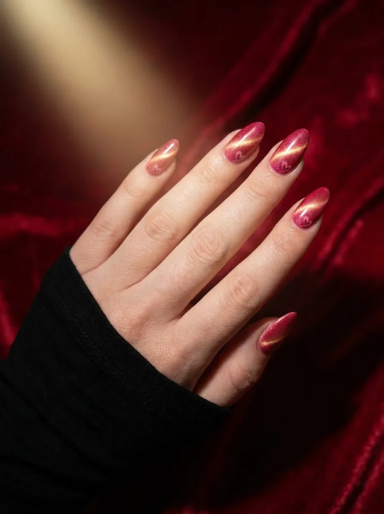 Fair-skinned hand with red cat-eye shimmer almond nails against red velvet