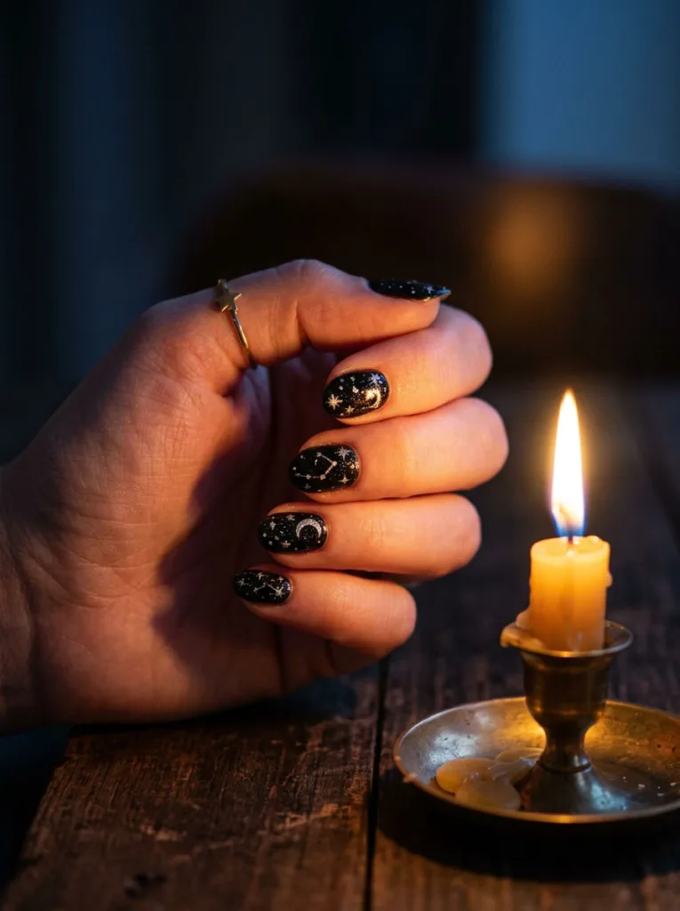 Close-up of a hand near a lit candle, celestial star and moon nail art on black polish