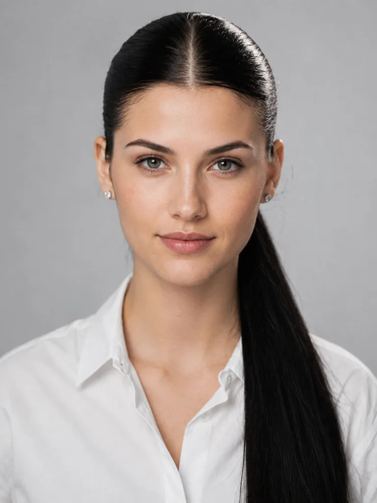 Woman with straight long hair styled in a center-part ponytail