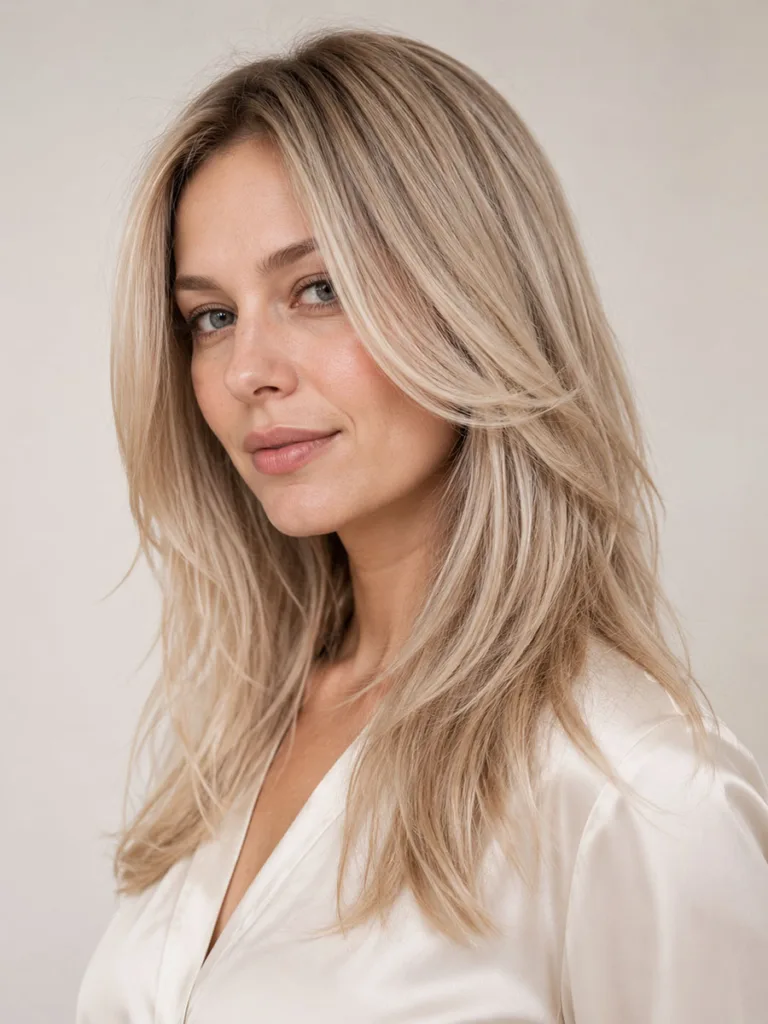 Fair-skinned woman with pale champagne blonde fall hair color in a studio portrait
