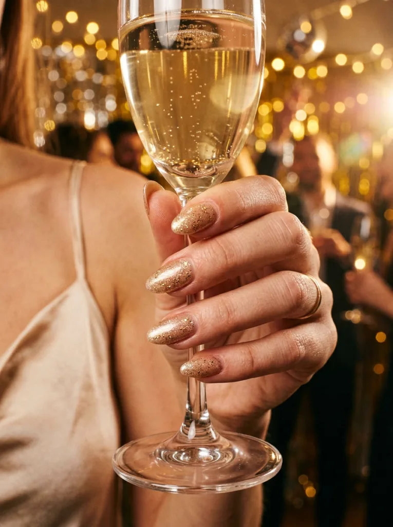Fair-skinned hand holding a champagne glass showing champagne shimmer simple winter nails