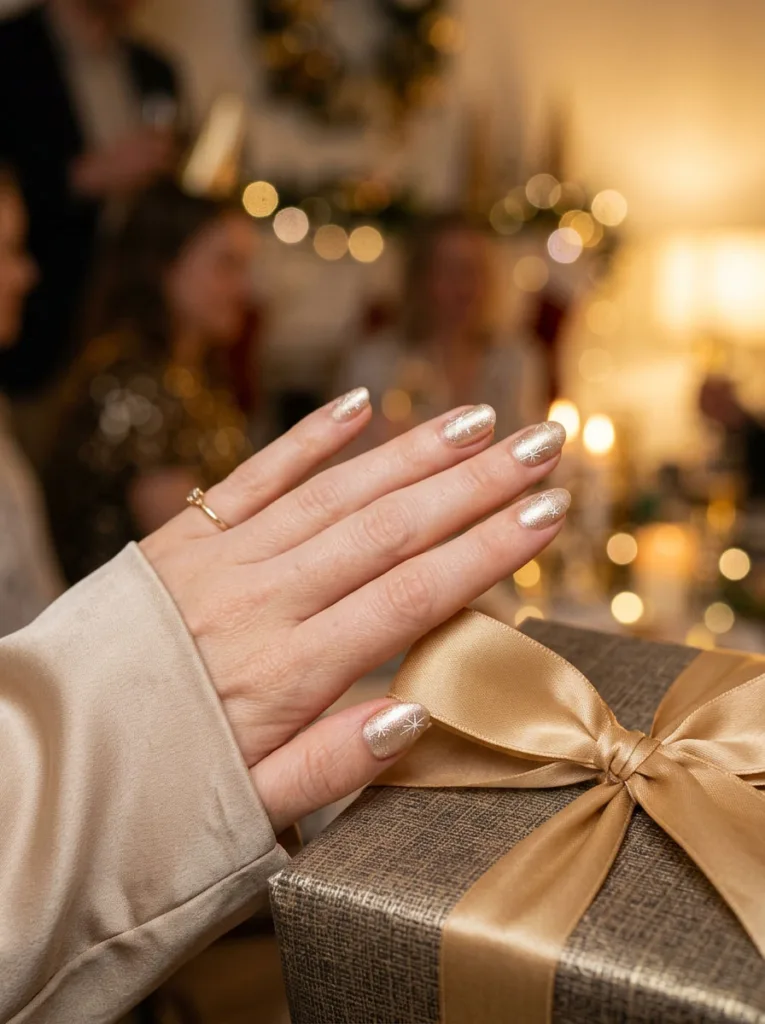 Fair-skinned hand resting on a gift box showing champagne shimmer snowflake christmas nails.