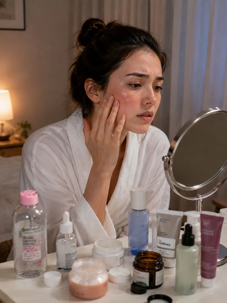Woman checking mildly irritated skin in a mirror surrounded by too many new skincare products