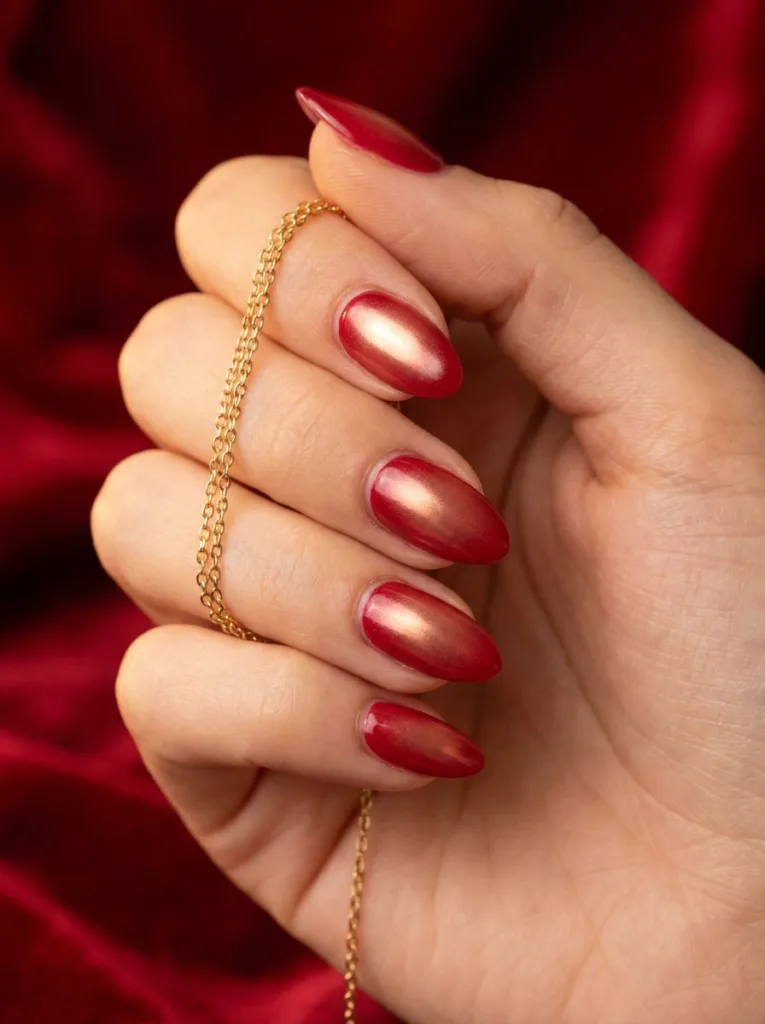Cherry red chrome new years nails close-up