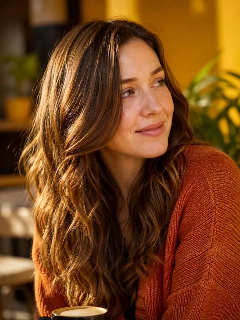 Woman with warm chestnut brown waves against a vibrant mustard café wall