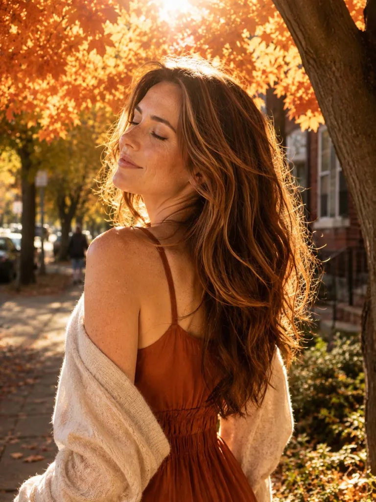 Chestnut glow balayage highlights in autumn afternoon light