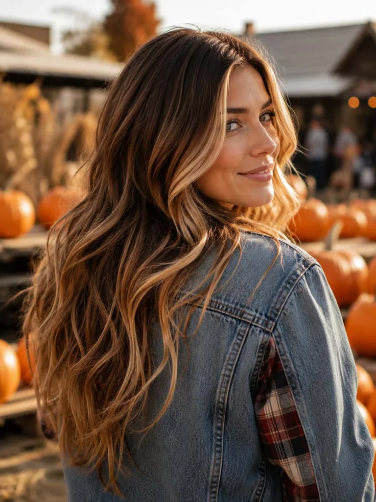 Back view of chestnut and blonde balayage fall hair color at an outdoor pumpkin patch