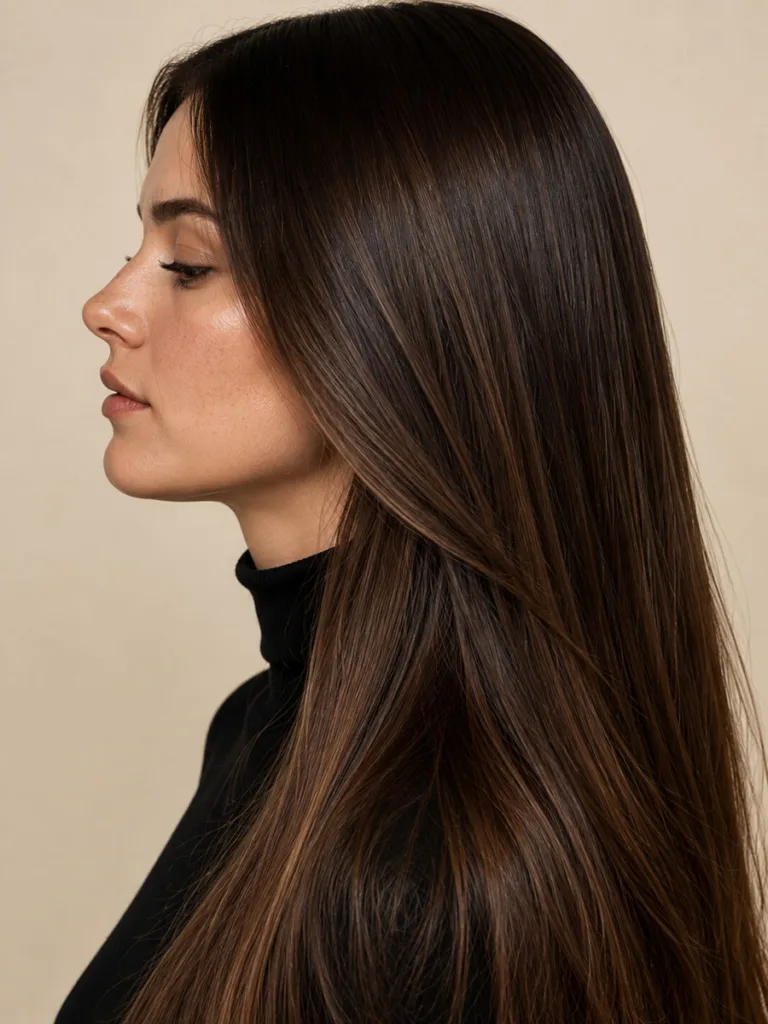 Woman with glossy chocolate brown balayage in a studio side-profile portrait