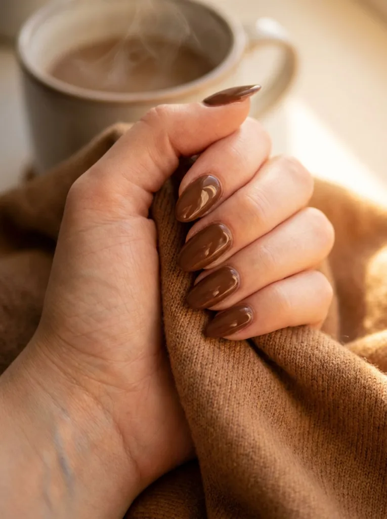 Chocolate brown glossy new years nails close-up on a cashmere sweater background