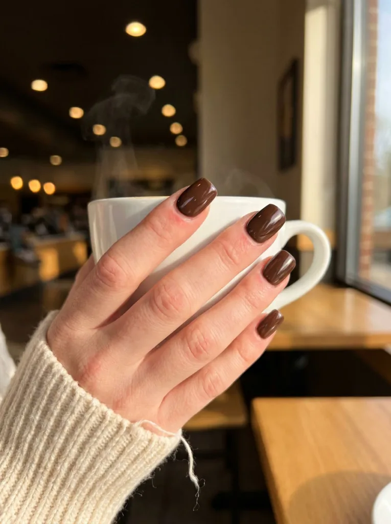 Fair-skinned hand with a glossy chocolate mocha square winter nails manicure holding a latte cup