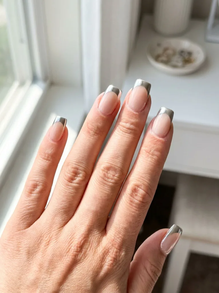 Chrome French tip birthday nails with mirror finish