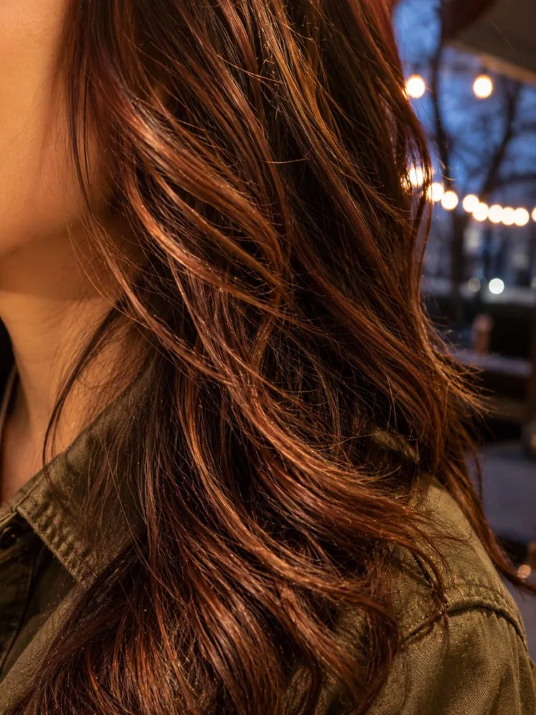 Cinnamon swirl copper-brown balayage texture close-up