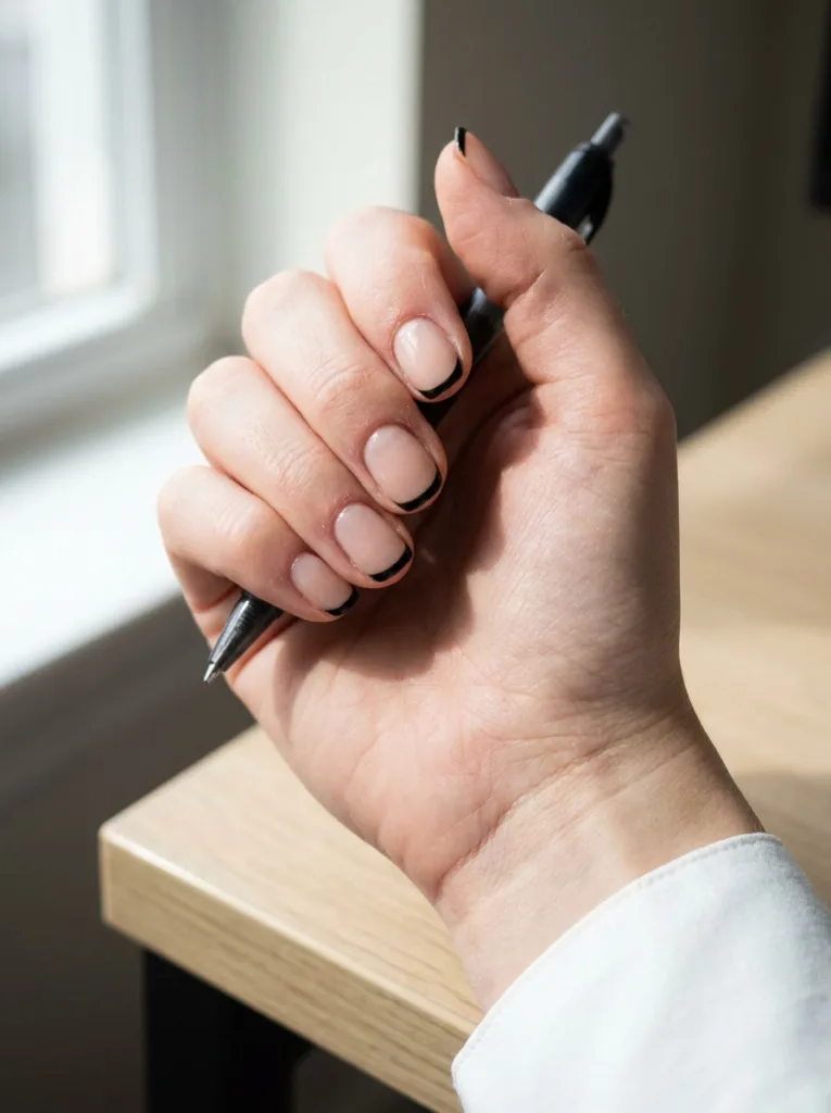 Close-up of a hand holding a pen, black French tip nails