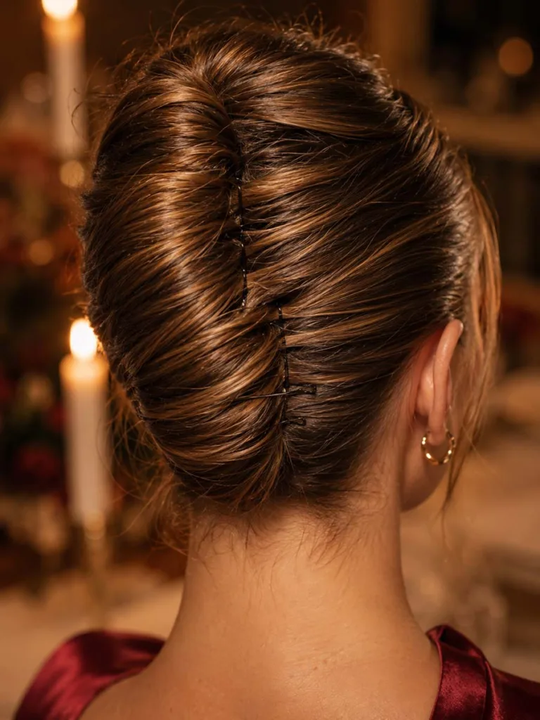 Close-up of a classic French twist christmas hairstyle from behind