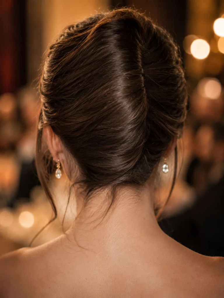 Back view of a French twist hairstyle on long hair for a formal event