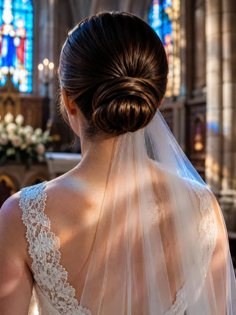 Close-up of a classic low chignon wedding updo with a cathedral veil in a stone church