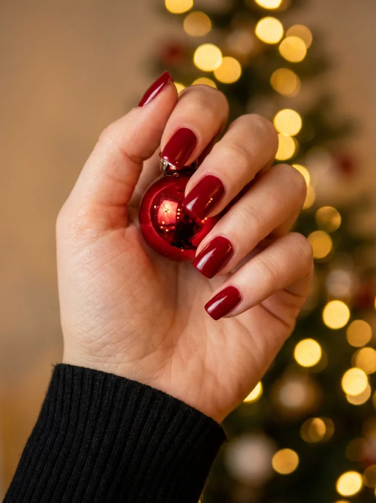 Fair-skinned hand with glossy true red square winter nails holding a Christmas ornament