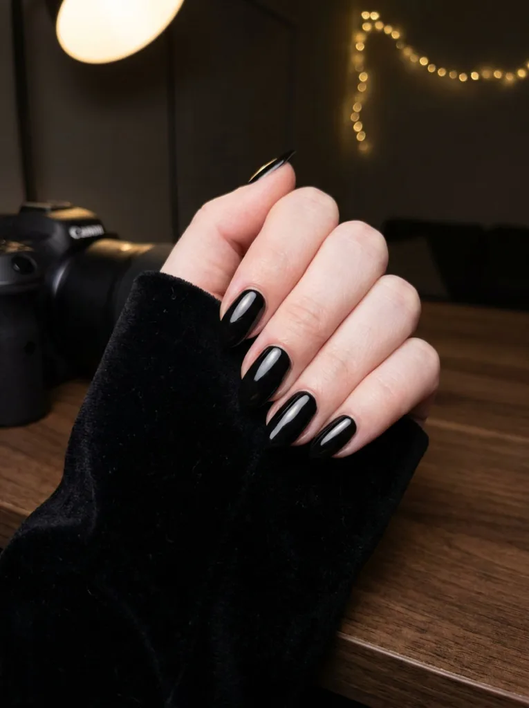 Classic solid black new years nails with glossy top coat close-up