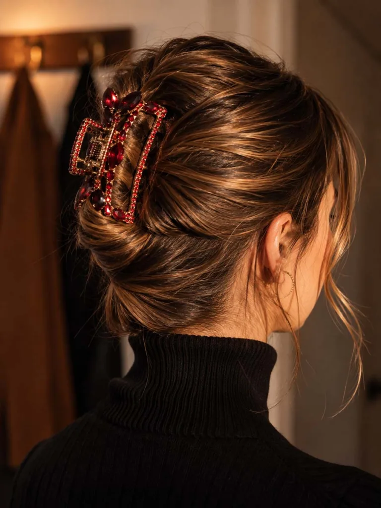 Close-up of a claw clip twist christmas hairstyle with a red jeweled clip