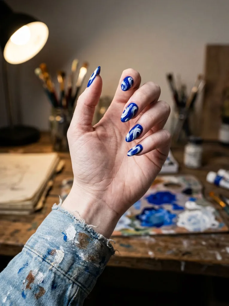 Cobalt blue winter nails with freehand white swirl nail art