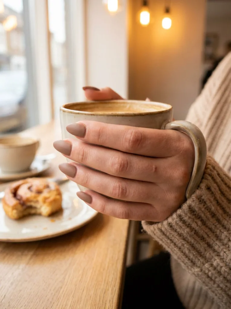 Fair-skinned hand holding a ceramic cup showing cocoa mocha simple winter nails