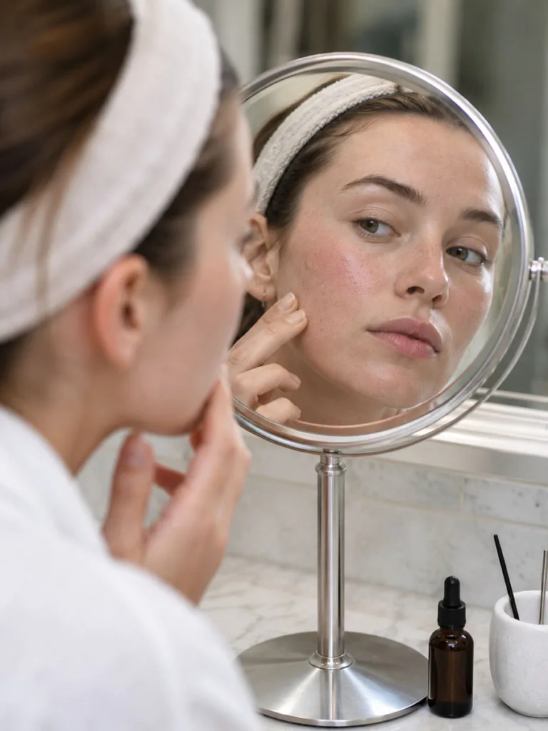 Woman examining skin closely in magnifying mirror