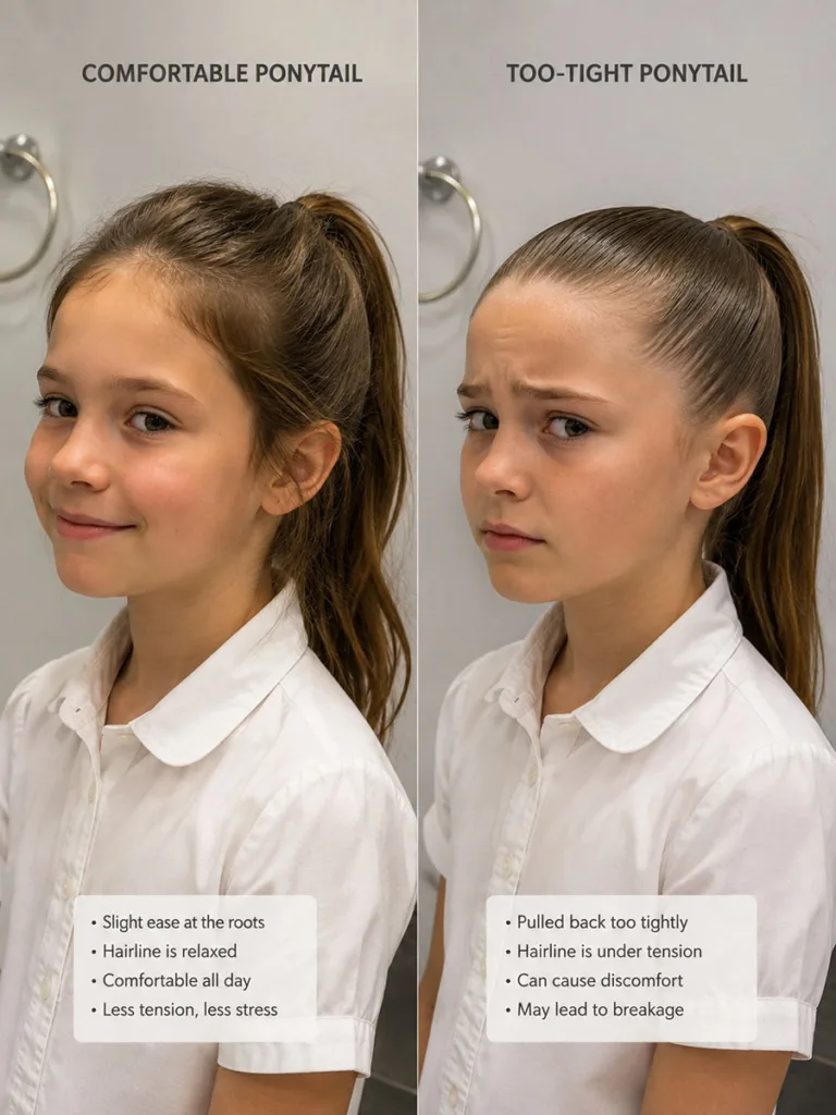 Side-by-side comparison of a correctly styled versus too-tight school hairstyle