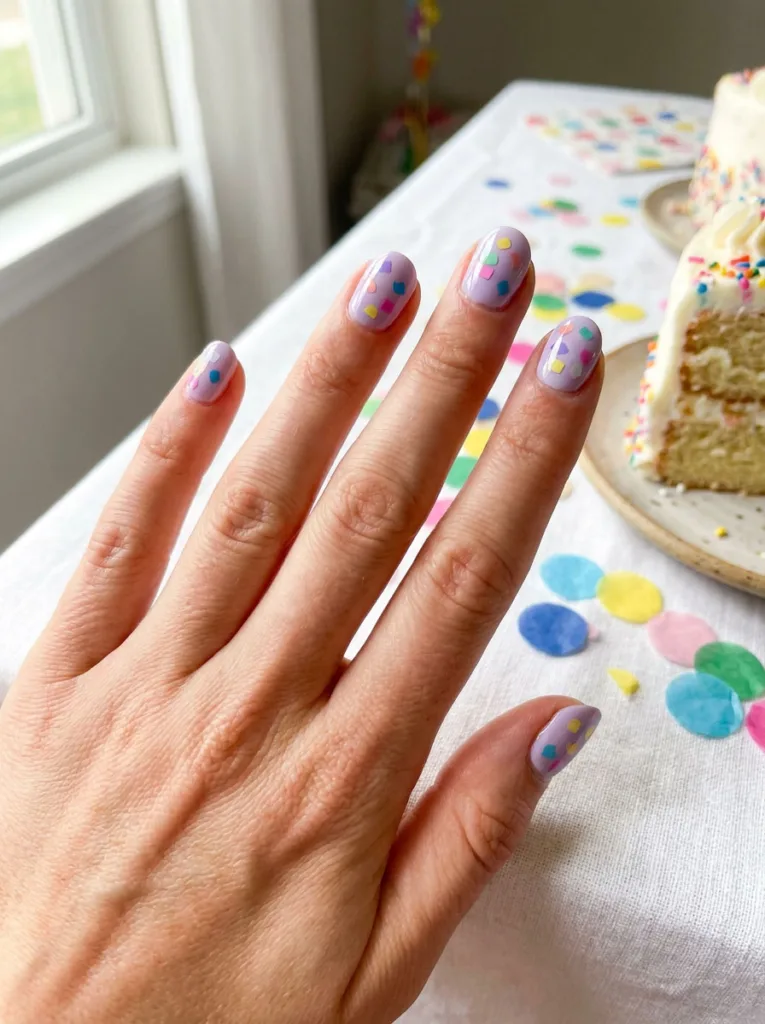 Confetti birthday nails with colorful glitter pieces
