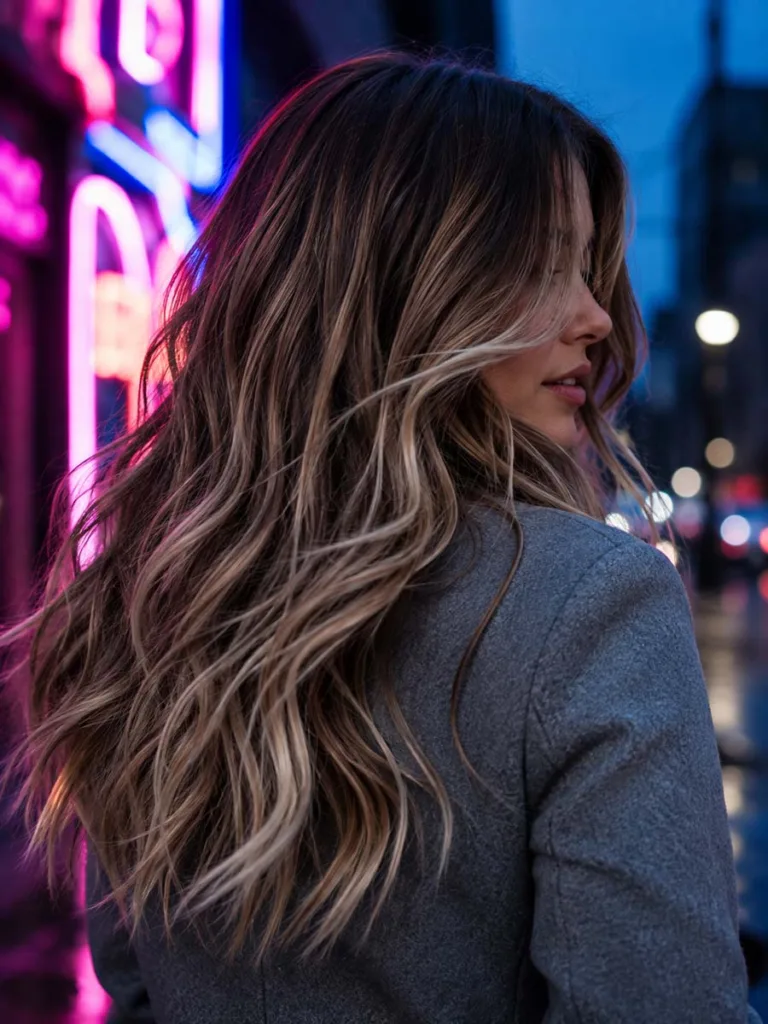 Cool-toned brown and blonde balayage hair color against vibrant neon city dusk