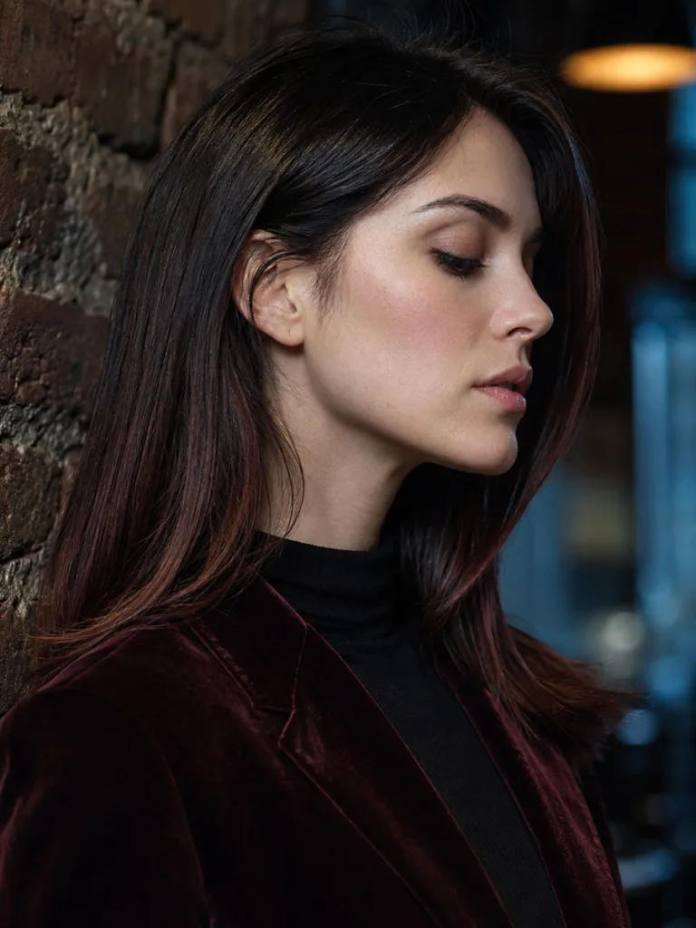 Fair cool undertone skin matched with espresso and mahogany brunette balayage