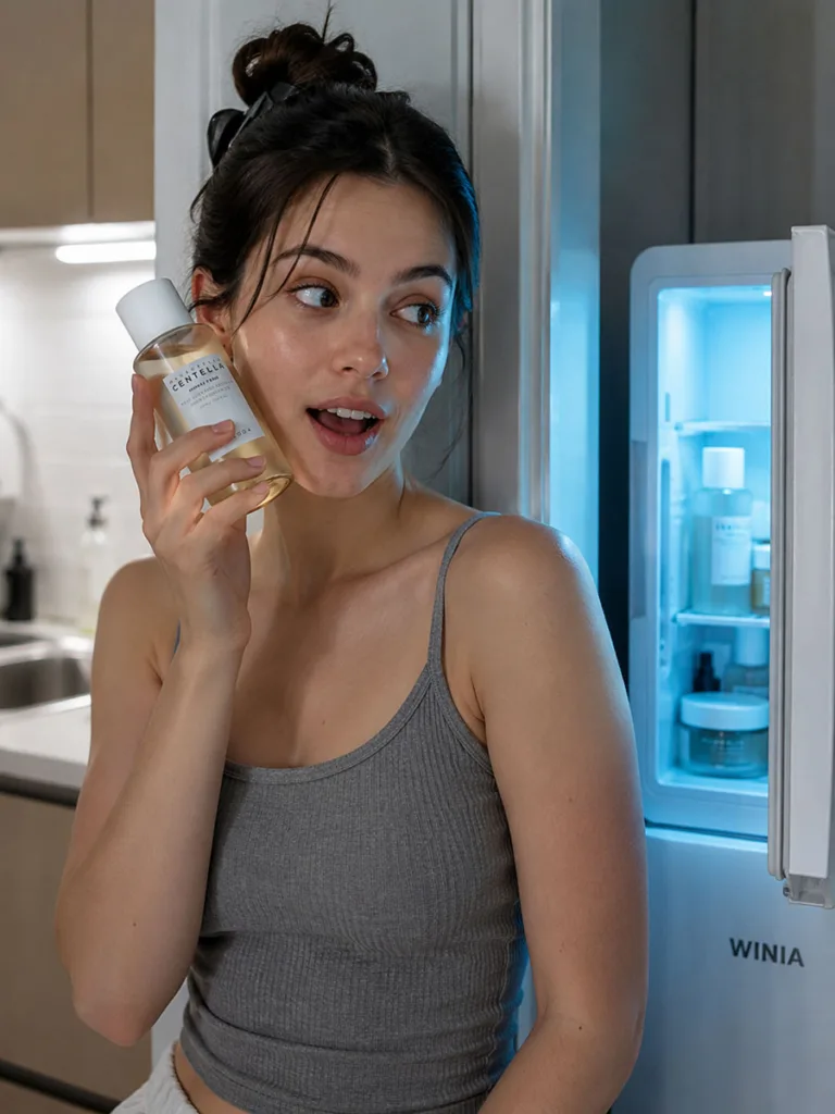 Woman holding a chilled Skin1004 centella toner bottle against her cheek