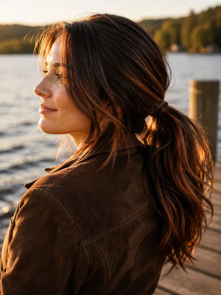 Copper undertone balayage streaks on dark chocolate brunette hair