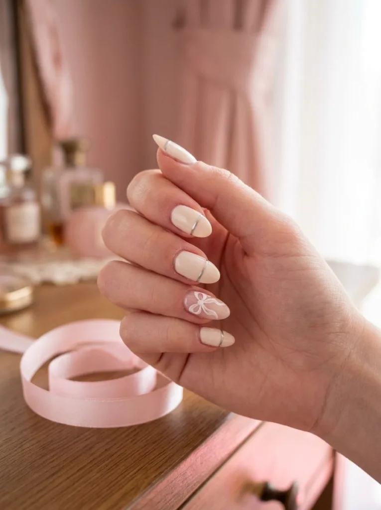 Coquette bow accent new years nails with metallic stripes