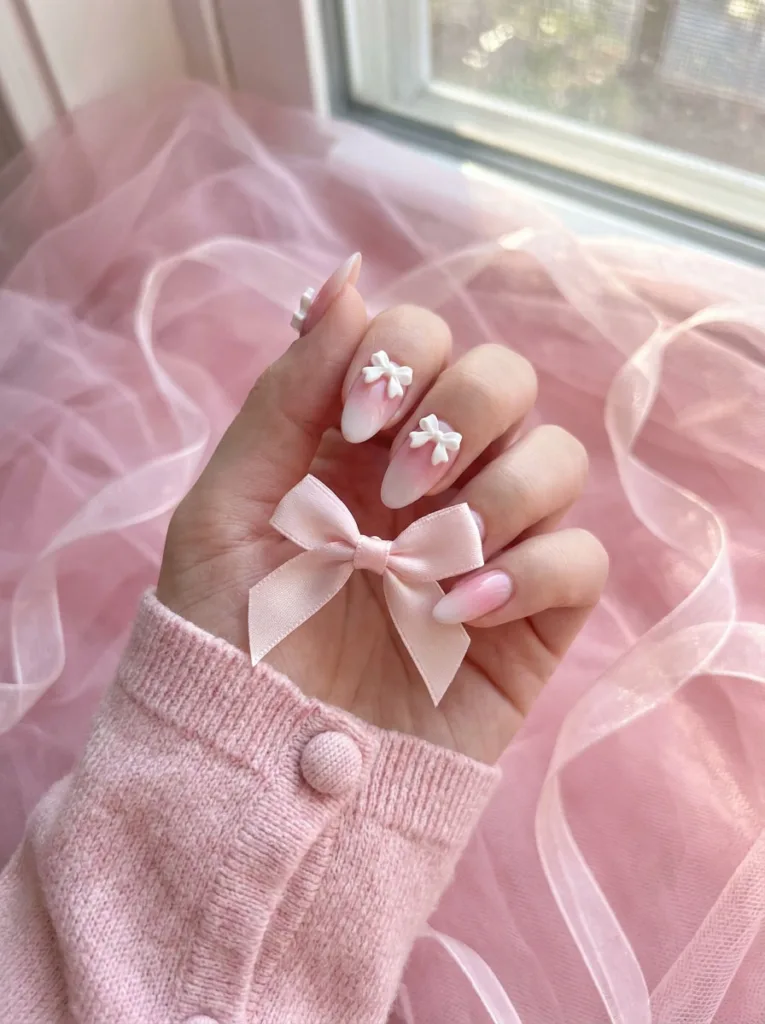 Fair-skinned hand with pink coquette bow almond nails holding a satin ribbon