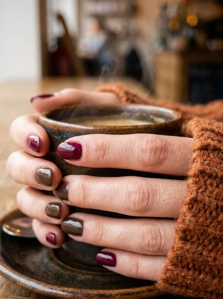 Hand with alternating burgundy and espresso brown nails holding a coffee cup