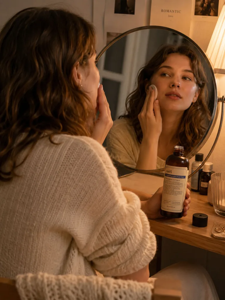 Woman applying Klairs Supple Preparation toner at a warmly lit evening vanity
