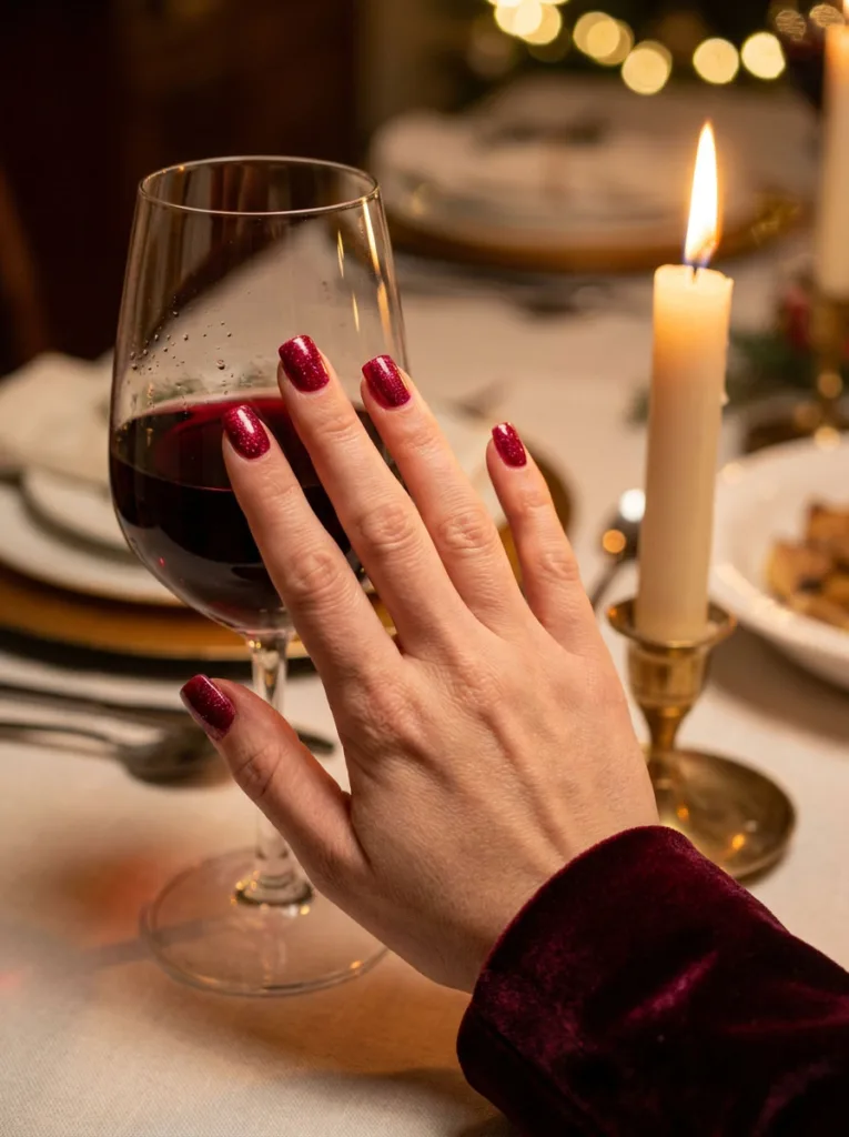 Fair-skinned hand with cranberry red sparkle square winter nails near a candlelit dinner table